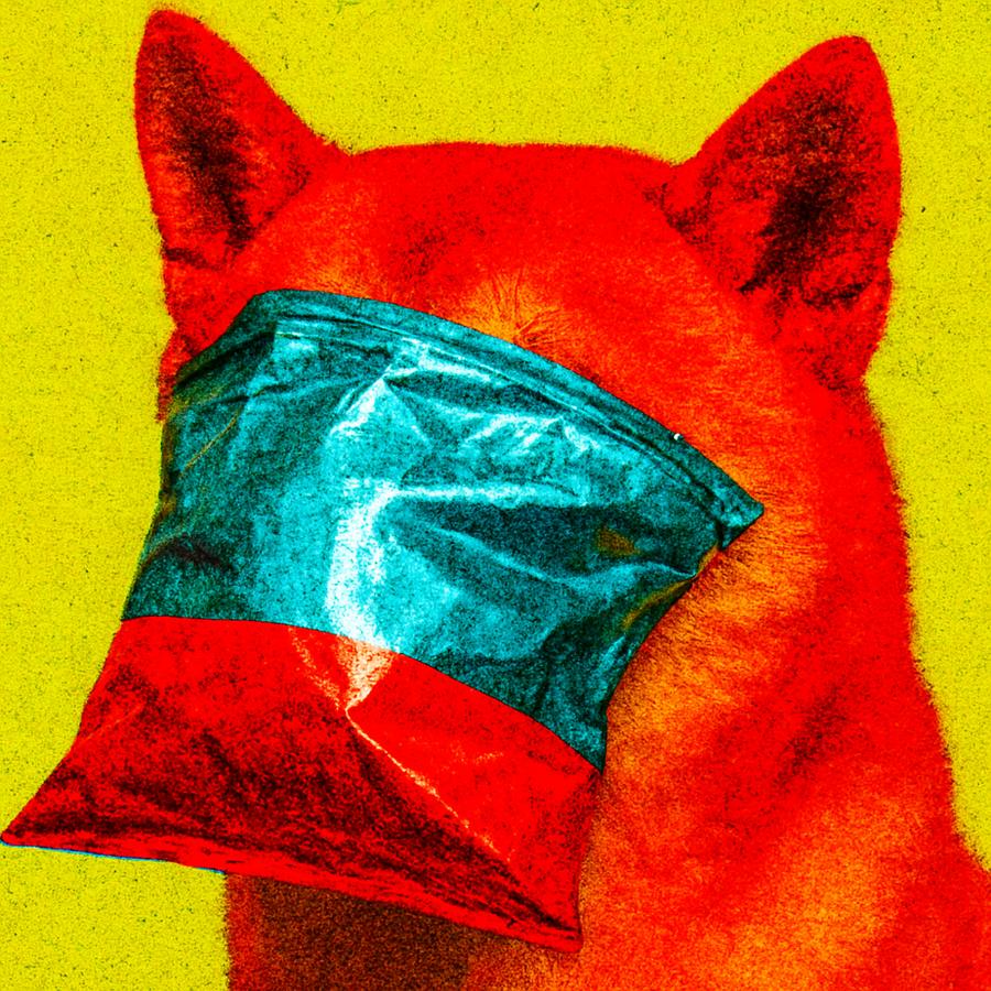 A red shiba inu with a blank teal and red foil chip bag pulled down over her whole muzzle to the ears, ears sticking out of the top, on a flat yellow field