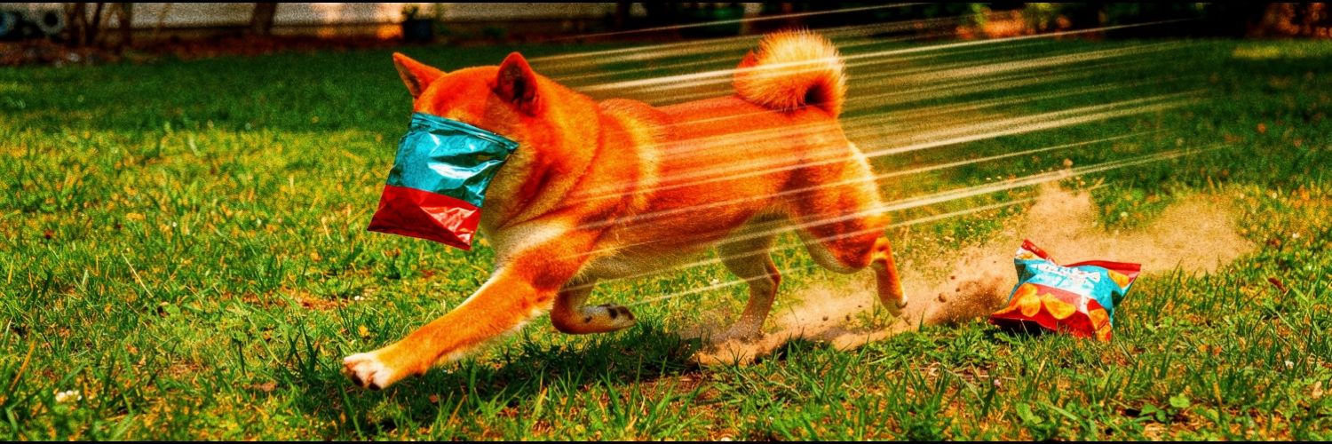 The same shiba inu running across grass at speed with the foil bag still on her muzzle, motion blur trailing behind her, a second torn bag left on the ground